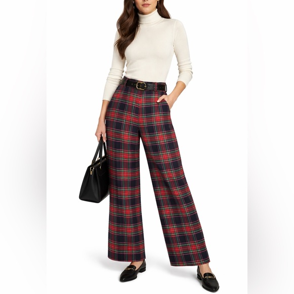 Talbots Pants - TALBOTS Greenwich Plaid Wide Leg Pants Wool Blend Tartan Navy Red Preppy Size 8